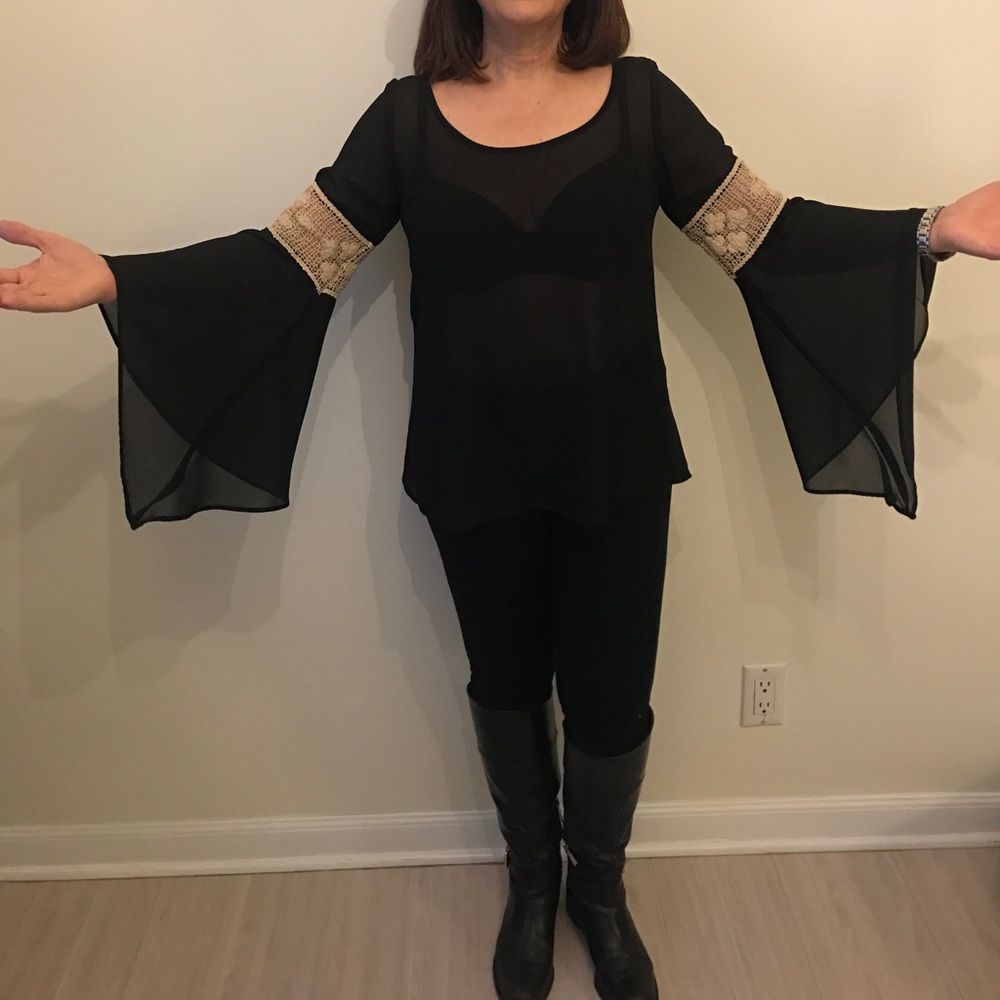 Black Bell Sleeve Top with Details on the Sleeves